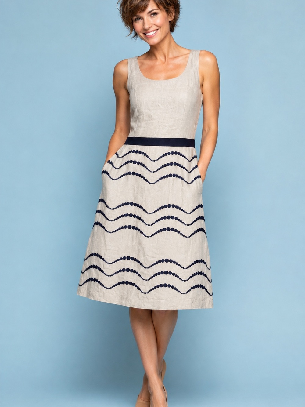 Boden Wavy Dots embroidered linen dress in natural and navy with cotton lining